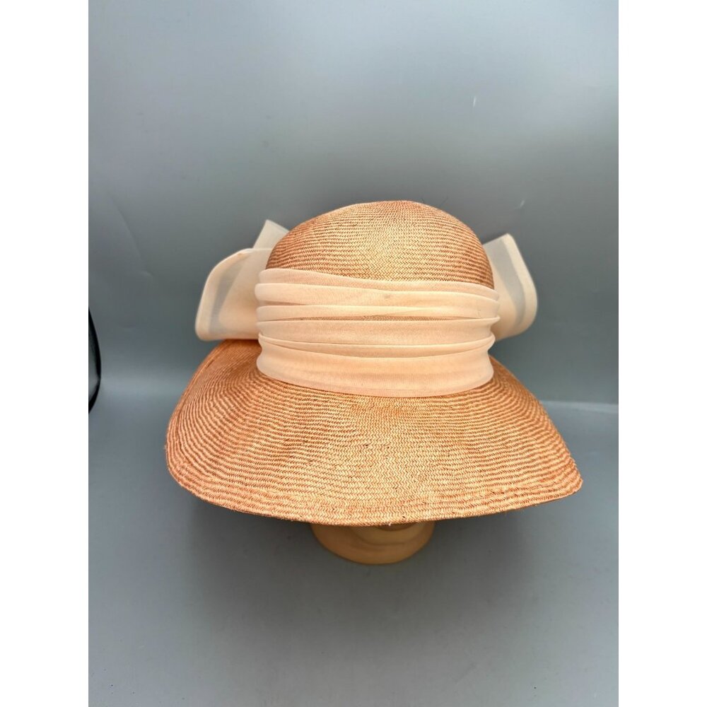 Plaza Suite by Betmar Straw Sun Hat Peach Organza Bow Wide Brim Outdoor 21.75"